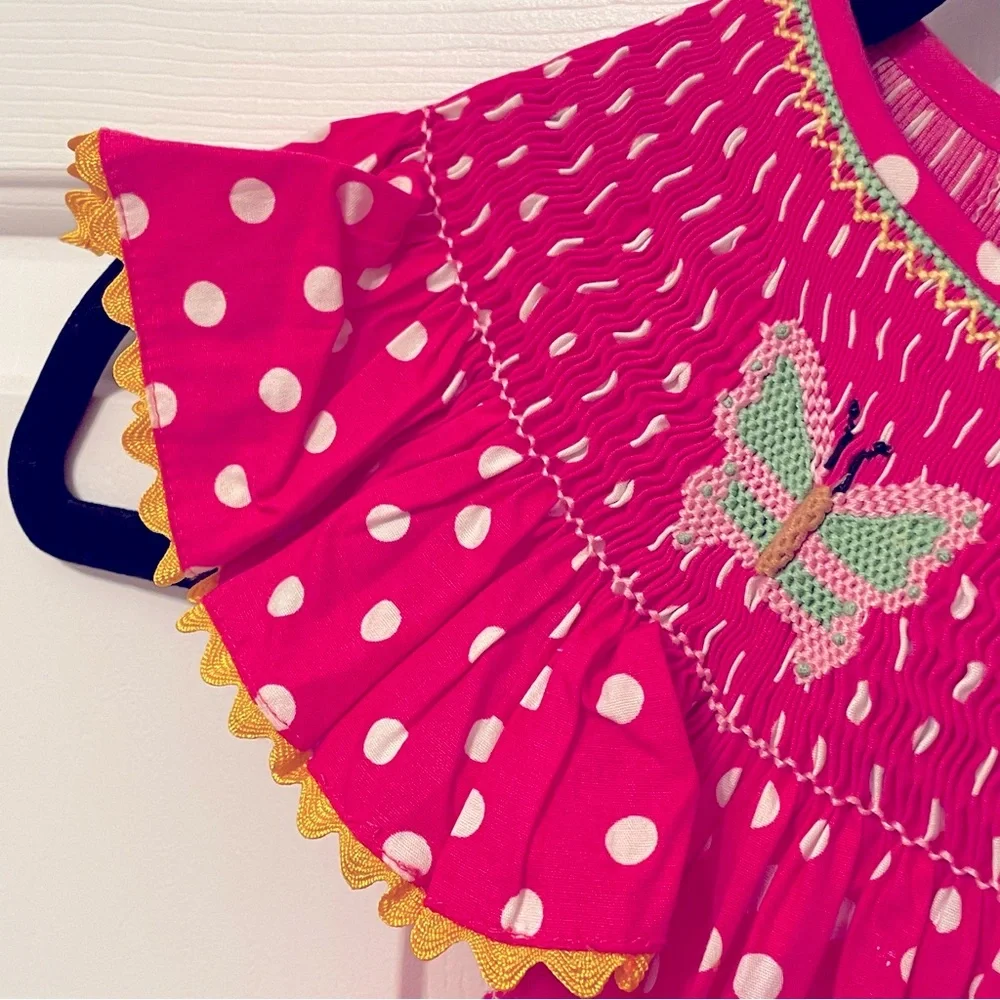 Mom & Me Girls Pink White Polka Dot Smoked Cotton Dress Sz 7